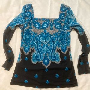 INC blue, black and tan blouse in size L.